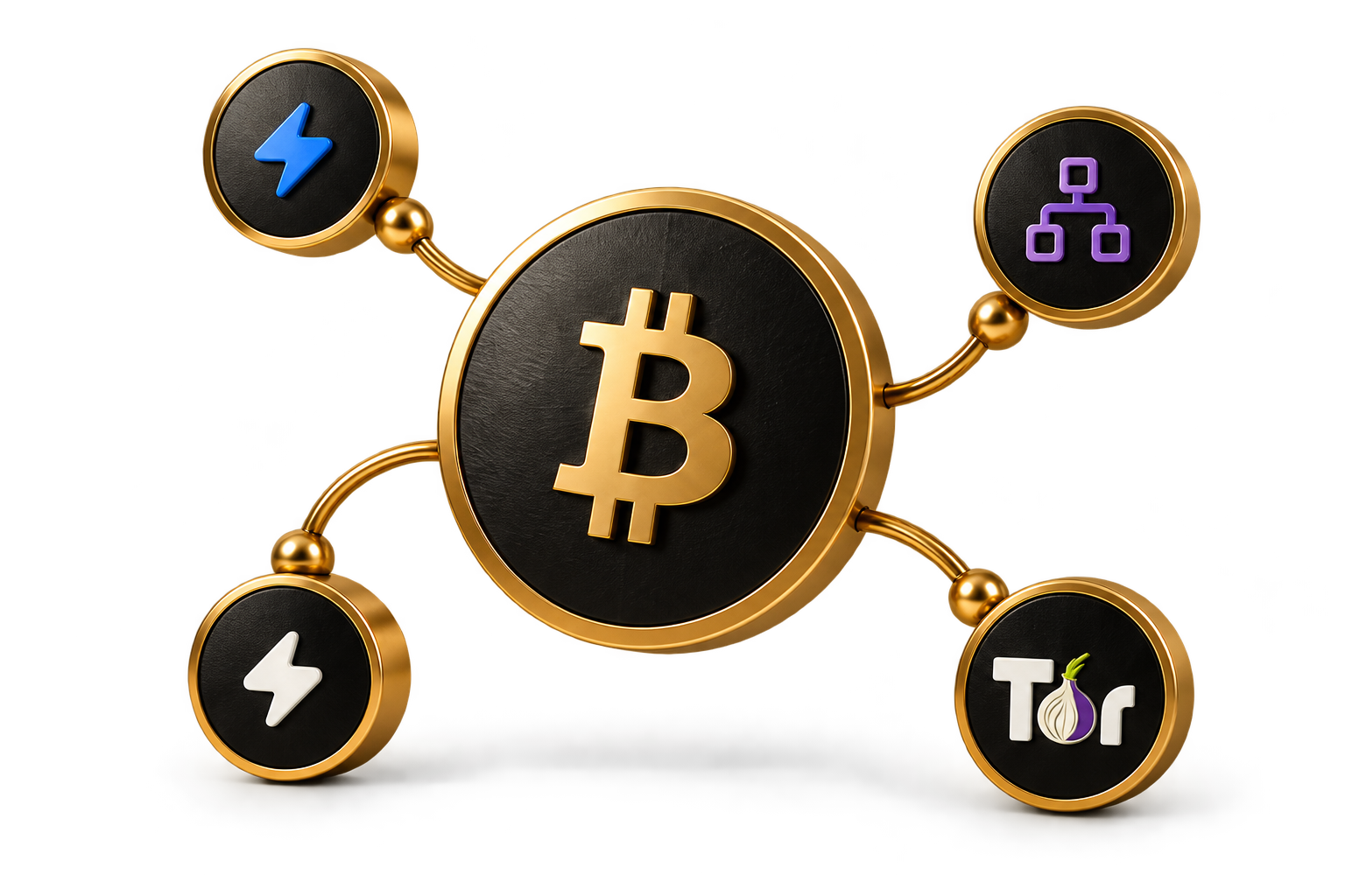 Bitcoin hub linked to four black and gold integration medallions