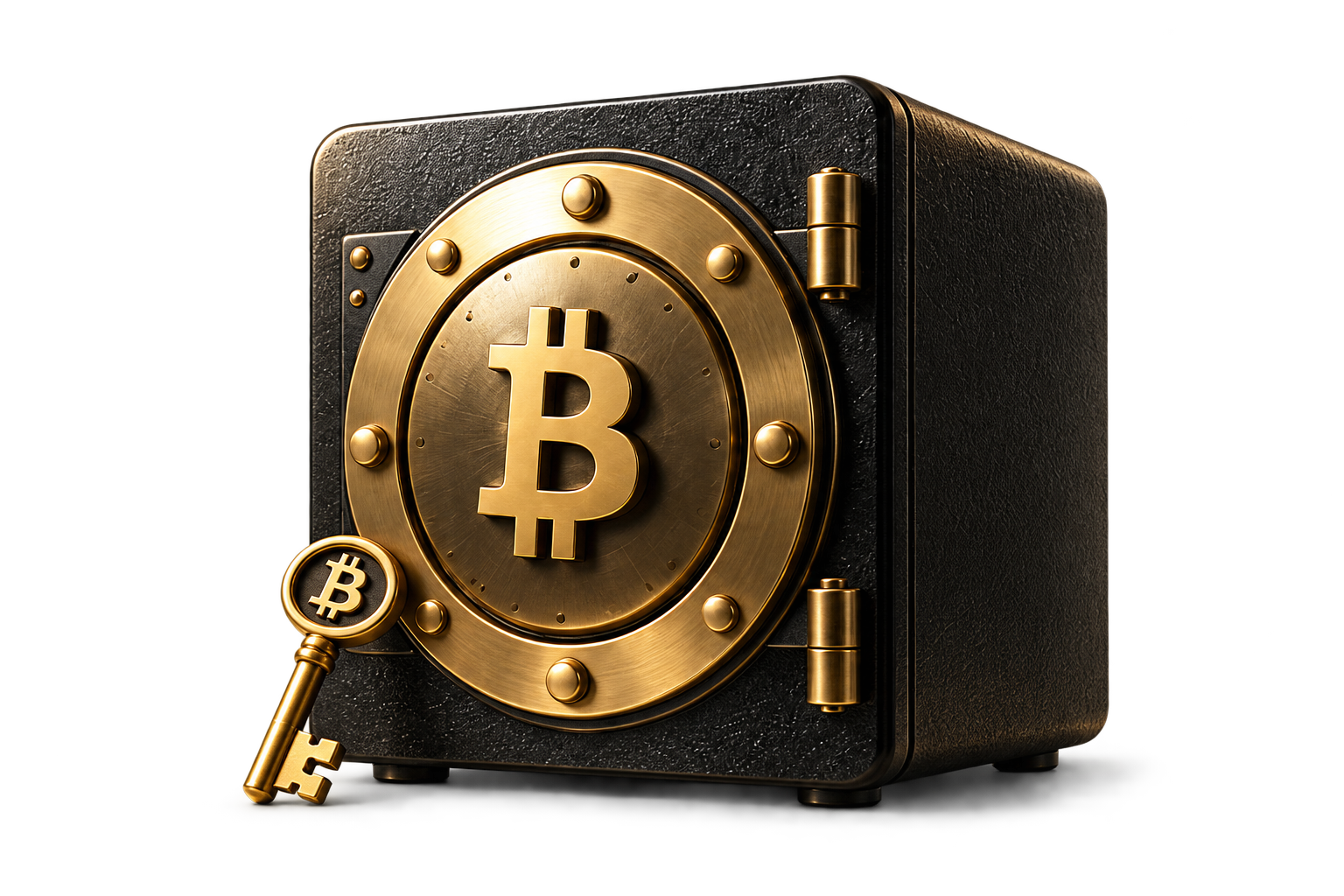 Black and gold Bitcoin vault with a golden key
