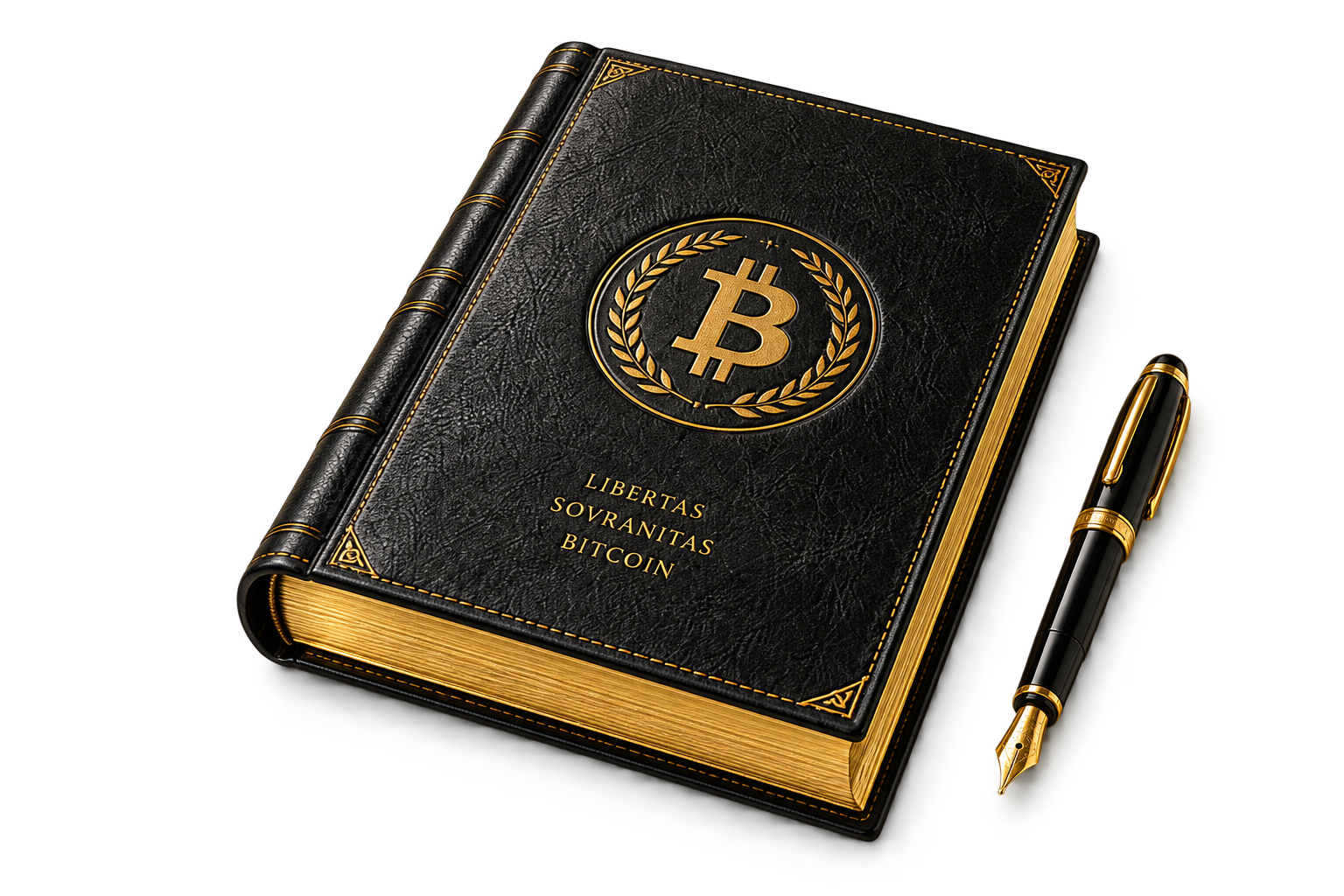 Black leather Bitcoin book with gold-edged pages and a fountain pen