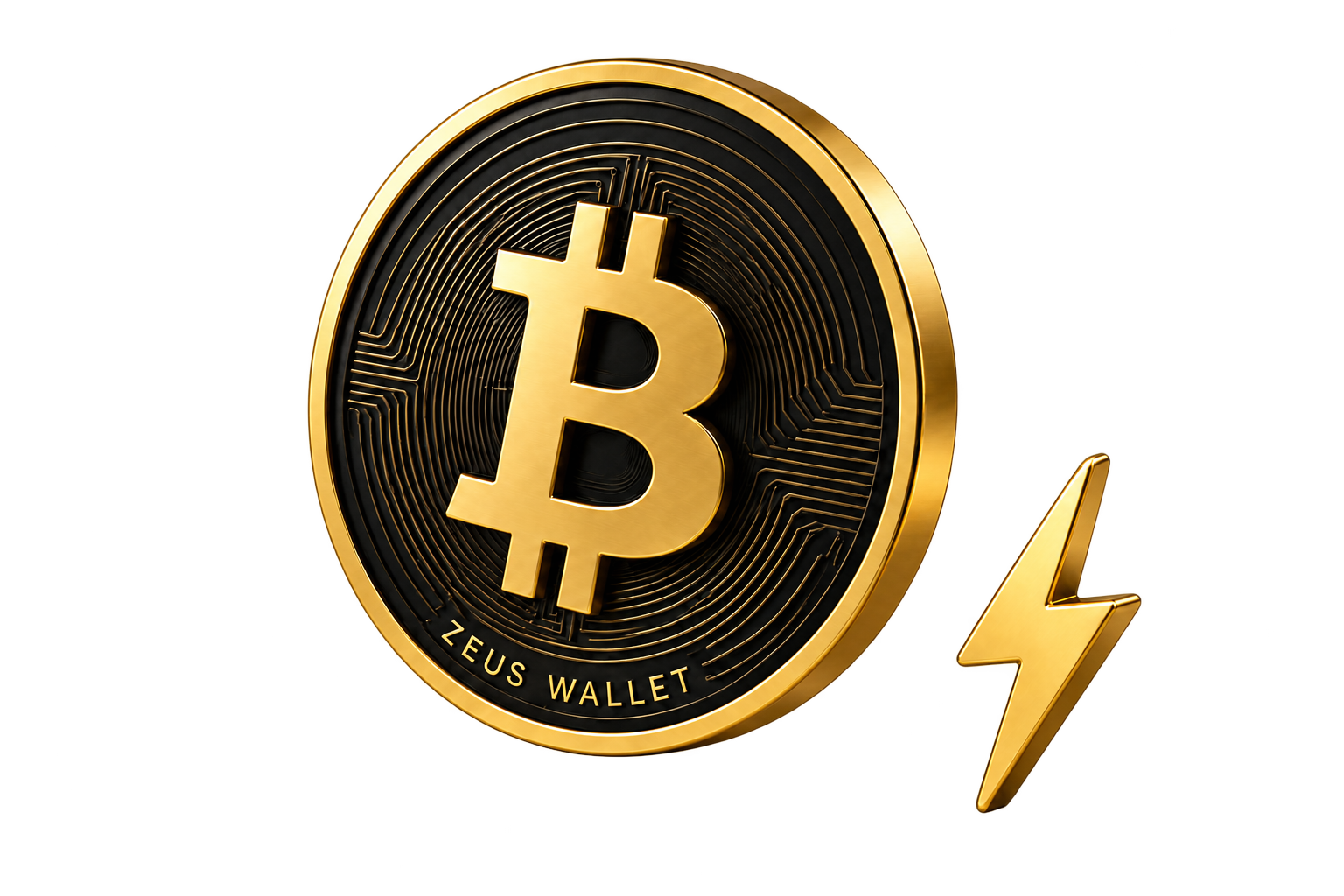Black and gold Bitcoin medallion with a golden Lightning bolt