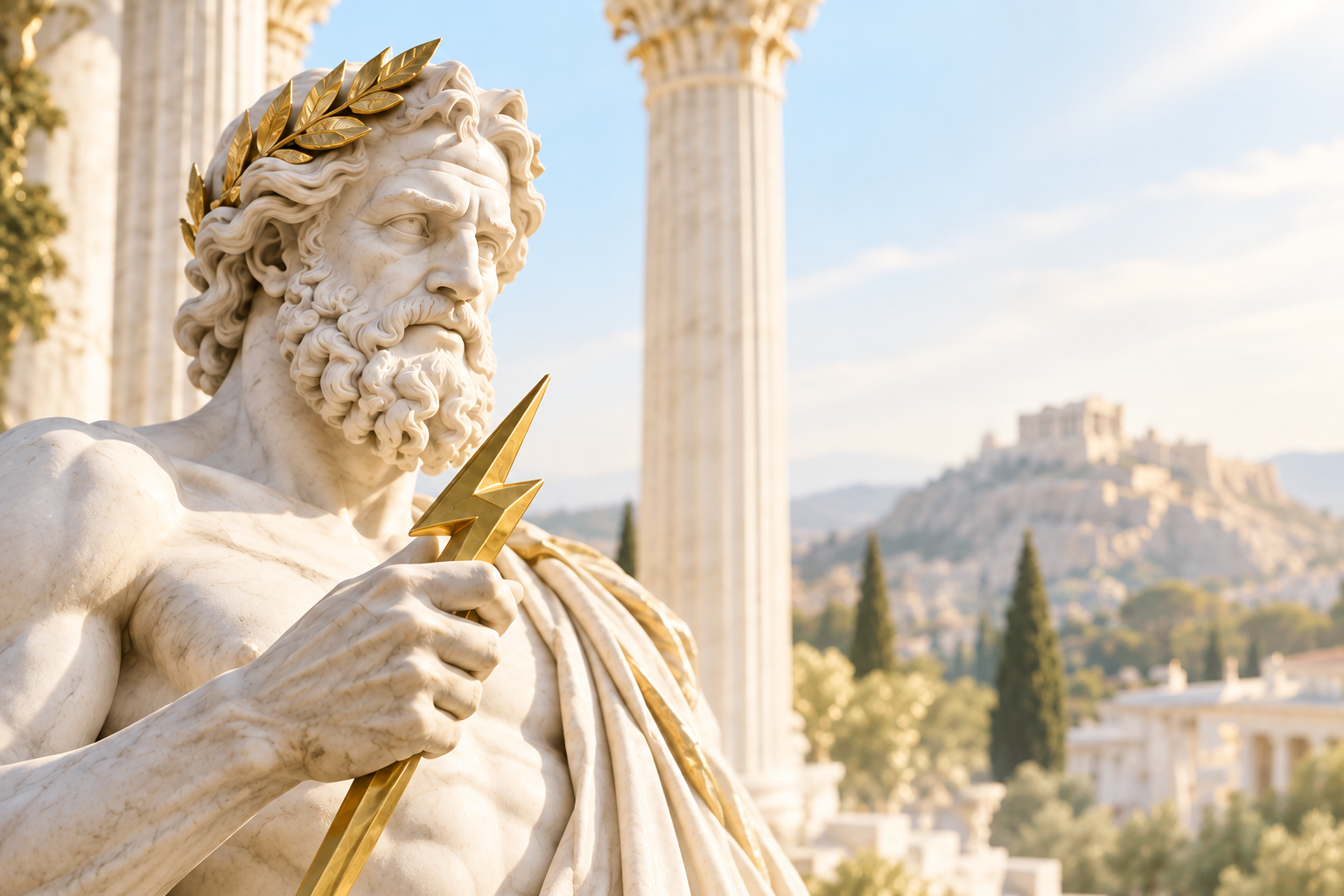 Marble Zeus holding a golden lightning bolt